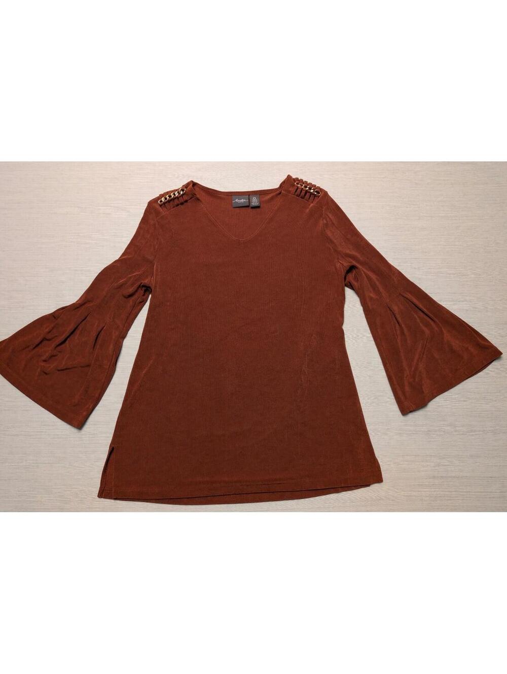 Travelers by Chico's Gold Accents V-Neck 3/4 Bell Sleeve Top Brown Size 0